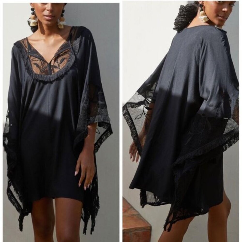 NWT Anthropologie Embroidered Lace Kimono Style Dress/ Cover-Up size XS/S Black
